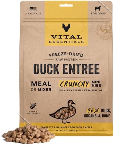 Vital Essentials Freeze Dried Dog Food, Duck Mini Nibs, 14 oz Bag