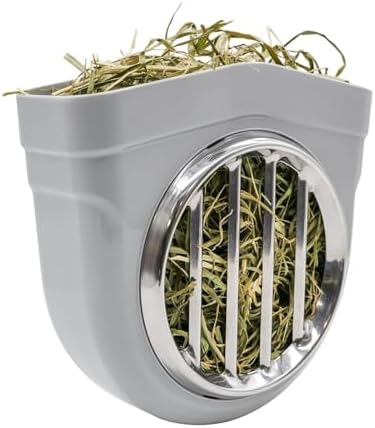 Small Animal Hay Feeder, Chew-Proof ABS Body, 304 Stainless Steel Grid Timothy Alfalfa Rack for Rabbit Bunny Guinea Pig Chinchilla Cage Hutch Crate (68oz, Gray)