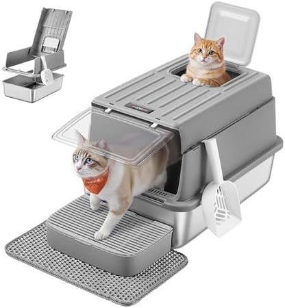 Feandrea Stainless Steel Cat Litter Box with Flip Lid, 2 Doors, Scoop