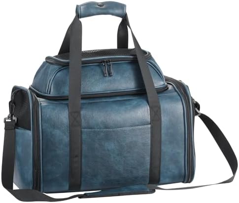 Premium Leather Top Expandable Pet Carrier for Small Dogs & Cats Under 15 lbs, Airline Approved Collapsible Soft-Sided Luxury Travel Bag Blue