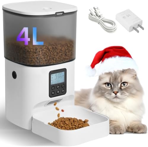 Automatic Cat Feeder, Cat Food Dispenser with 10s Voice Recorder, Pet Feeder up to 8 Meals per Day, Timed Feeder with Dry Food Sealed Ring (Pure White, 4.0 L)