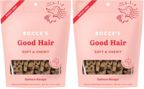 Bocce's Bakery Dailies Good Hair Dog Treats for Skin & Coat Support,Wheat-Free Dog Treats,Made with Real Ingredients,Baked in The USA,All-Natural Soft & Chewy,Salmon Recipe,6 oz,(Pack of 2)