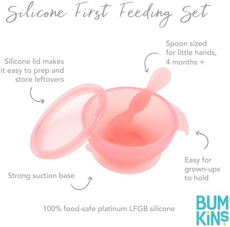 Bumkins Feeding Set with Suction, Includes Spoon and Lid, Training Essentials for Baby-Led Weaning, Toddler Self-Feeding, Babies Eating at 4 Mos Up, Pink Jelly