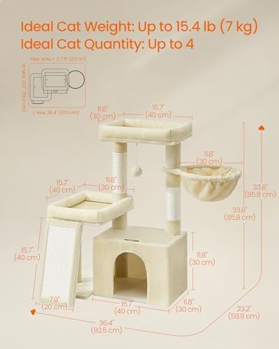 Feandrea Cat Tree, 33.8" Cat Tower Condo, Scratching Posts and Ramp, Beige