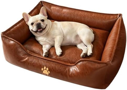SOMAHE Waterproof Leather Dog Bed, Bolster Couch, 24x19x9 Brown