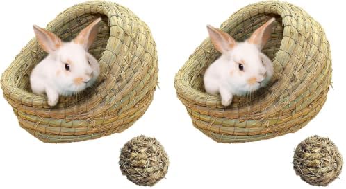 kathson Rabbit Grass House Bunny Woven Hay Bed Guinea Pig Hideout Hand Woven Natural Grass House for Hamster and Small Animals with Hay Chew Balls Toys (Pack of 2)