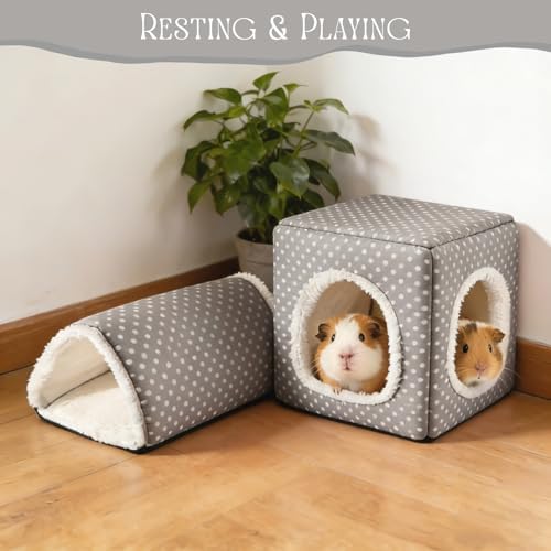 Guinea Pig Hideout, Dwarf Rabbit Bed with Play Tunnel, Washable Fleece House for Dwarf Bunnies, Chinchillas, Hedgehogs, Small Animal Cage Accessories Gray Dot