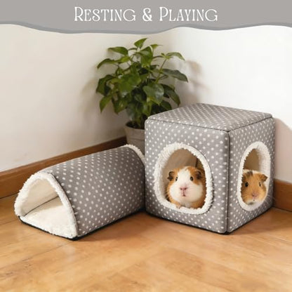 Guinea Pig Hideout, Dwarf Rabbit Bed with Play Tunnel, Washable Fleece House for Dwarf Bunnies, Chinchillas, Hedgehogs, Small Animal Cage Accessories Gray Dot