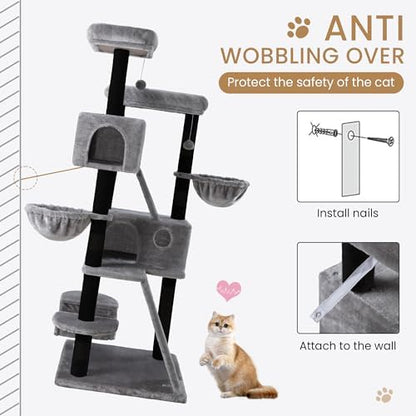 SHA CERLIN 65in Larger Cat Tree Tower Condo for Indoor Kitties/Multi-Level Furniture Activity Center with Wide Base/Cozy Plush Perches/Baskets/Sisal Scratching Posts and Hammock/Black & Grey