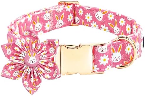 Easter Dog Collar-Pink Rabbit Print Adjustable Cute Pet Collar Soft Pink Flower Dog Collars with Flower Holiday Cotton Metal Buckle Puppy Collar Gift for X-Small Dogs