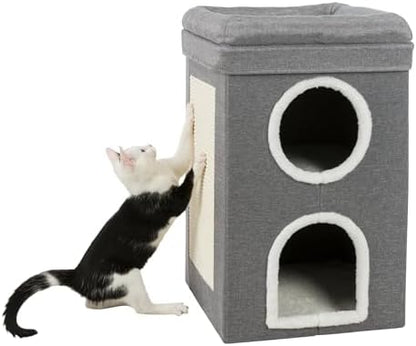 Trixie Saul Cat Condo | 2-Story Condo Tower | Scratching Surface | Foldable for Easy Storage | Gray