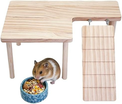 Wooden Hamster Platform with Ladder Rat Climbing Activity Playground Platform Cage Accessories Decor for Dwarf Syrian Hamster Gerbil Rat Mice (Right)