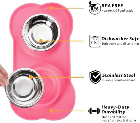 Hubulk Pet Dog Bowls 2 Stainless Steel Dog Bowl with No Spill Non-Skid Silicone Mat + Pet Food Scoop Water and Food Feeder Bowls for Feeding Small Medium Large Dogs Cats Puppies (Extra Large, Pink)