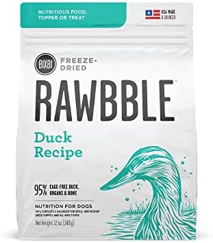 BIXBI Liberty Freeze-Dried Dog Food Topper & Treats, Duck – 95% Meat & Organs, No Refrigeration – USA Made, 12 oz