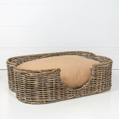 DBD1002A Scallop 27" x 18.25" Tropical Handwoven Rattan Dog Bed with Machine Washable Cushion, Kubu Gray
