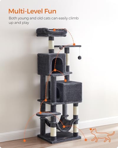 Feandrea Cat Tree, 59.5-Inch Tall Cat Tower, Multi-Level Condo, Smoky Gray