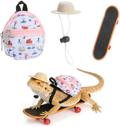 Bearded Dragon Clothes Lizard Toy - Mini hat,Skateboard,Backpack Gifts for Reptiles Pet - Cute Bearded Dragon Costume Accessories for Lizard Iguana Reptiles Small Animals (Pink Seaside Vacation)