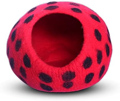 Woolygon Premium Felt Cat Cave Bed – Wool Kitty Beds Handcrafted Kitten Caves Bed for Indoor Cats - Made from Merino Wool, Foldable Cat Hideaway Covered Cat House Pod (Red Polka)