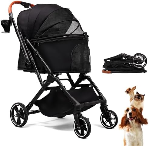 Bicystar Foldable Dog Stroller for Small Medium Dogs & Cats, 45 lbs, Black