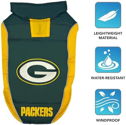 NFL Green Bay Packers Puffer Vest for Dogs & Cats, Size Medium. Warm, Cozy, and Waterproof Dog Coat, for Small and Large Dogs/Cats. Best NFL Licensed PET Warming Sports Jacket
