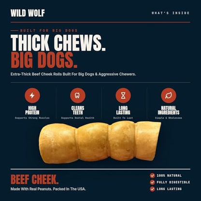 Wild Wolf 4-6" Peanut Butter Beef Collagen Cheek Rolls for Dogs (8 Pack) - 100% Natural Big Dog Chew - No Rawhide - Free-Range Grass-Fed, Packed with Protein - for Aggressive Chewers