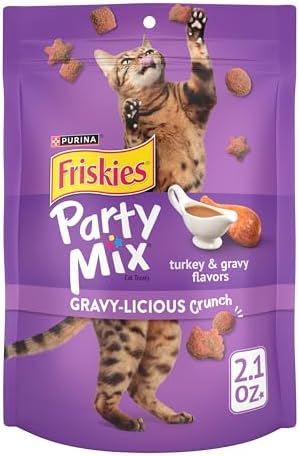 Friskies Purina Made in USA Facilities Cat Treats, Party Mix Crunch Gravylicious Turkey & Gravy Flavors - (10) 2.1 oz. Pouches