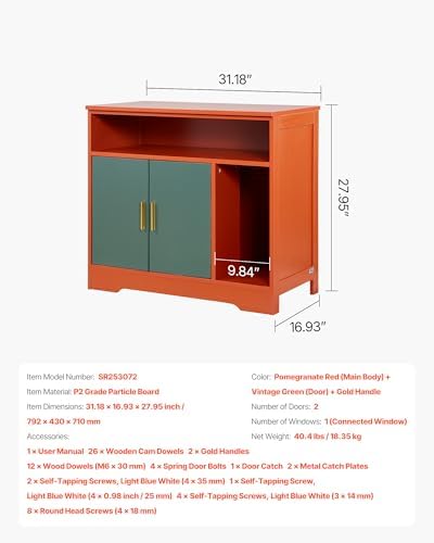 VEVOR Cat Litter Box Enclosure, 31 in Hidden Litter Box Cabinet with Shelf & Storage, Modern Style Indoor Cat Washroom, Wooden Kitty House Furniture End Table, Fit Most Litterboxes, Red & Green