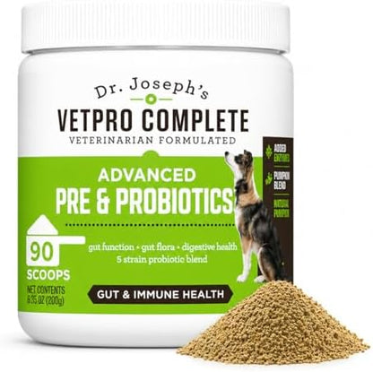 Dr. Joseph's VetPro Complete Advanced Pre & Probiotics Powder for Dogs, Meal Topper, 90 Scoops, Supports Gut Health, Diarrhea, Digestive Health & Allergies, Chicken/Pumpkin Flavor, 4 Billion CFUs