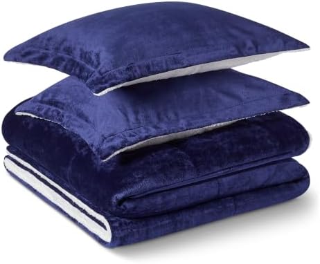 Amazon Basics Reversible Sherpa Comforter Set with Pillow Sham, Navy/White, Queen/Full, Warm Soft Micromink