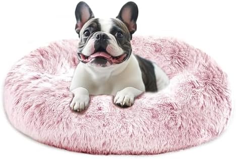 JOLLYVOGUE Calming Dog Bed Medium Size Dog, Anti-Anxiety Donut Medium Pet Bed, 27 inches Fluffy Faux Fur Round Cat Bed (Smoke Pink)