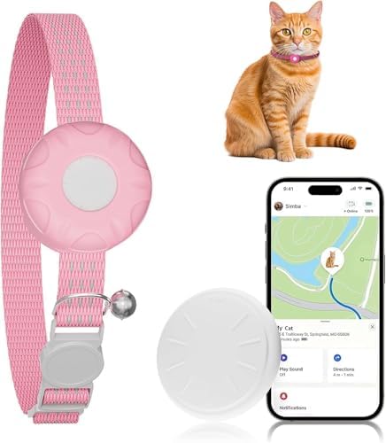 Cat Tracker, MINI GPS Tracker, Compatible with Apple Find My App(Only iOS), Waterproof Cat Trackers Collar with Bell and Safety Elastic Buckle, No Monthly Fee,Pink