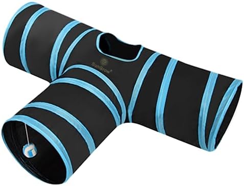 SunGrow 3-Way Ferret & Rabbit Tunnel, Bunny Hideout Activity Tube with Peep Hole and Crinkle Ball, Accessories for Hiding, Resting for Dwarf Rabbits Bunny Kitty Guinea Pig, Turquoise and Black