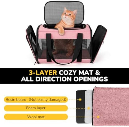 Hipubby Cat Carrier Dog Carrier for Pets Up to 16 Lbs, Soft-Sided Pet Travel Carrier for Cats and Small Dogs, Airline Approved Pet Carrying Case with Shoulder Strap & Removable Mat - Pink