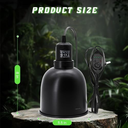 MECESOR Reptile Light Fixture with Dimming Switch and Timer, 5.5 Inch Deep Dome Reptile Heat Lamp Fixture, Reptile Lamp Fixture Cap for UVB Bulb Basking Heat Bulb for Reptile Glass Terrariums, 2PCS
