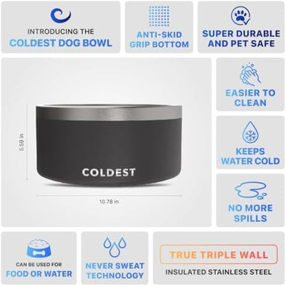 Coldest Dog Bowl - Anti Rust Metal, Non Slip, 3 Layers Insulated Stainless Steel Dog Bowls - Spill Proof & Heavy Duty - Water Bowl for Dogs, Cats & Pets, Dish Washer Safe (200 oz, Stealth Black)