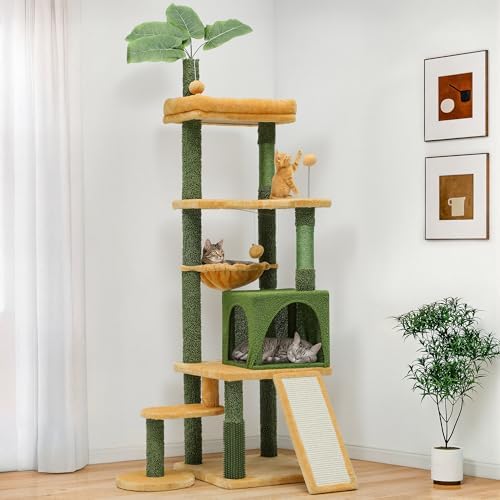 DWVO Cat Tree with Leaves for Large Cats: 72.8" Tall with Self-Grooming Brush, Cute Kitten Climbing Tower for Indoor Kittens with Cat Condo, Top Perch, Basktet, Sisal Scratching Posts, Dangling Ball
