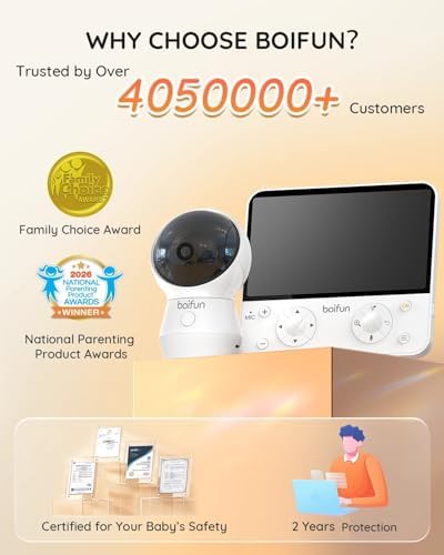 BOIFUN AI Baby Monitor with Camera and Audio, Safety Alerts (Tummy Sleeping & Face Area), WiFi Smartphone APP Control, Colorful Night Light, 2K HD Night Vision, Motion & Cry Detection, Two-Way Talk