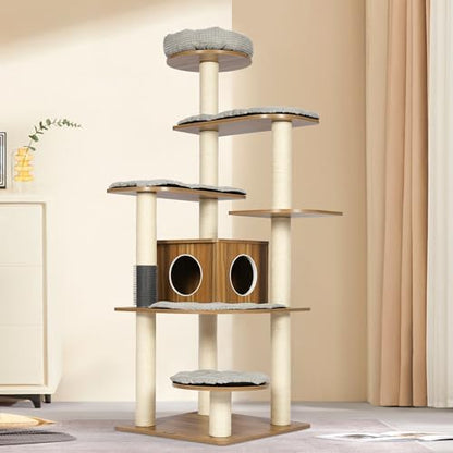 Tall Wooden Cat Tree, 69.3 Inch Modern Cat Tower for Indoor Cats, Multi-Level Cat Condo with 5 Scratching Posts, Perch, Cat Furniture for Big Cats, Rustic Brown