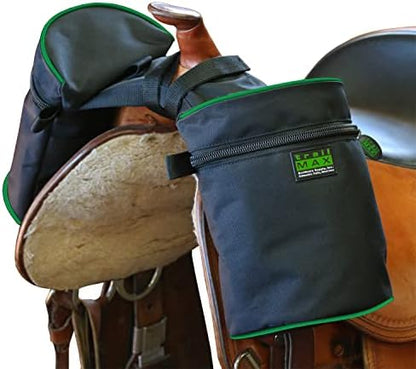 TrailMax Horse Horn Bags for Trail Riding – Medium & Large Western Saddle Horn Bags for Horses & Mules, Insulated Trail Gear with Secure Fit & Grab-and-Go Liners, Medium, Black with Green Piping