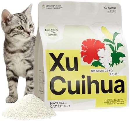 XuCuiHua Natural Cat Litter Green Tea Scent, Plant-Based, Strong Clumping Litter, Odor Control, Easy Scooping, Clumps Lift Cleanly, Low Dust, 5.5 LB