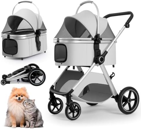 3 in 1 Pet Stroller for Small Medium Dogs,Luxury Dog Stroller with Reversible & Height-Adjustable Handle,Washable Pad&Liner,Rubber Wheels,for Puppy,Senior Pets,Outdoor,Shopping&Vet Visits(Gray)