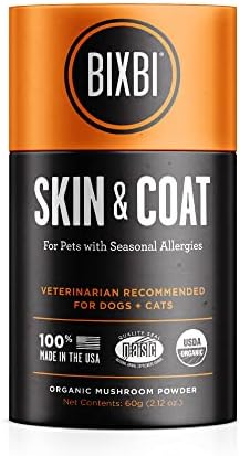 BIXBI Dog & Cat Skin & Coat Support, 2.12 oz (60 g) - All Natural Organic Pet Superfood - Daily Mushroom Powder Supplement - USA Grown & USA Made - Veterinarian Recommended for Dogs & Cats