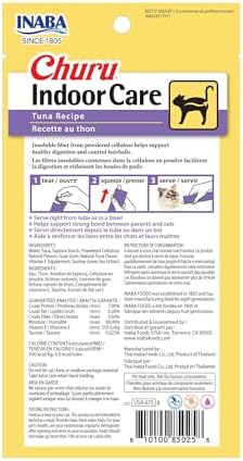 INABA Churu for Cats, Functional, Creamy Lickable Purée Cat Treat for Indoor Care and Hairball Control with Taurine & Vitamin E, 0.5 Ounces Each, 48 Tubes (4 per Pack), Tuna Recipe
