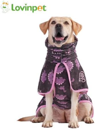 LovinPet 3-in-1 Dog Warm Winter Coat & Bathrobe, Blue, Dinosaur Fleece, L
