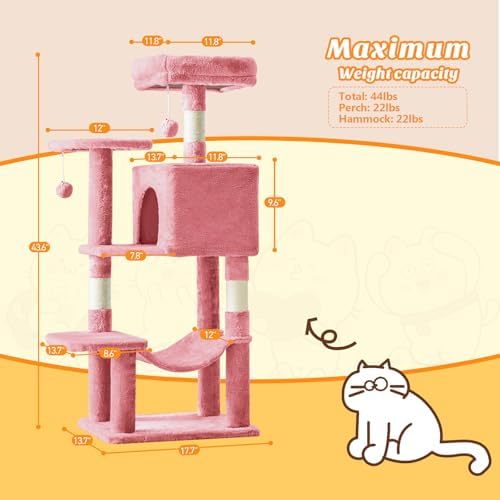 DUMOS Small 44 Inch Cat Tree Tower with Natural Sisal Scratching Posts