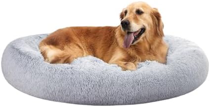 Amazon Basics Washable Donut Pet Bolster Faux Fur Bed with Removable Cover, Anti-Slip Bottom for Dog, Grey, 45" x 45"