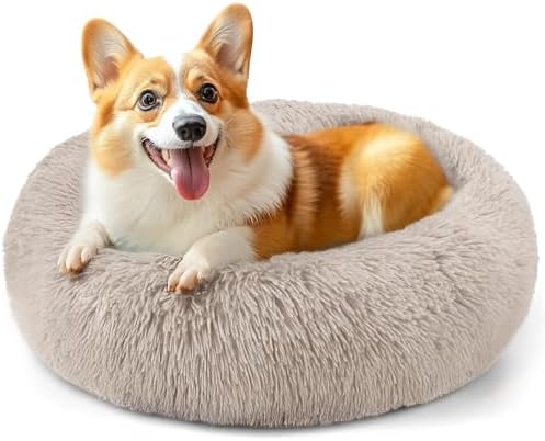 28in Large Dog Bed, Calming Donut Bed for Puppy and Kitten (Brown)