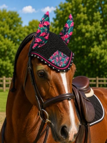 Horse Ear Bonnet for Horses, Floral Print Fly Bonnet with Crystal Edge, Handmade Crochet Fly Veil, Breathable Stretch Ears (Flamingo Print, Extra-Full)