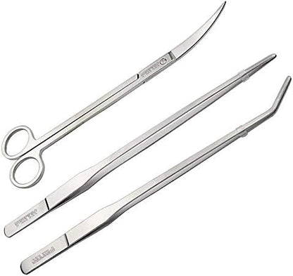 FEITA Aquarium Tweezer Set - Long Stainless Steel Curved & Straight Feeding Tweezers Scissors Maintenance Tools Kit (3 Pcs)