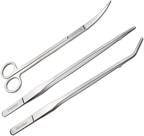 FEITA Aquarium Tweezer Set - Long Stainless Steel Curved & Straight Feeding Tweezers Scissors Maintenance Tools Kit (3 Pcs)